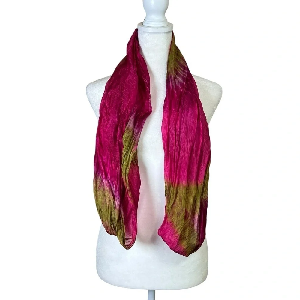 VTG Infinity Scarf Shawl Cowl Wrap Fuchsia Olive Green Silky Boho Colorful Chic